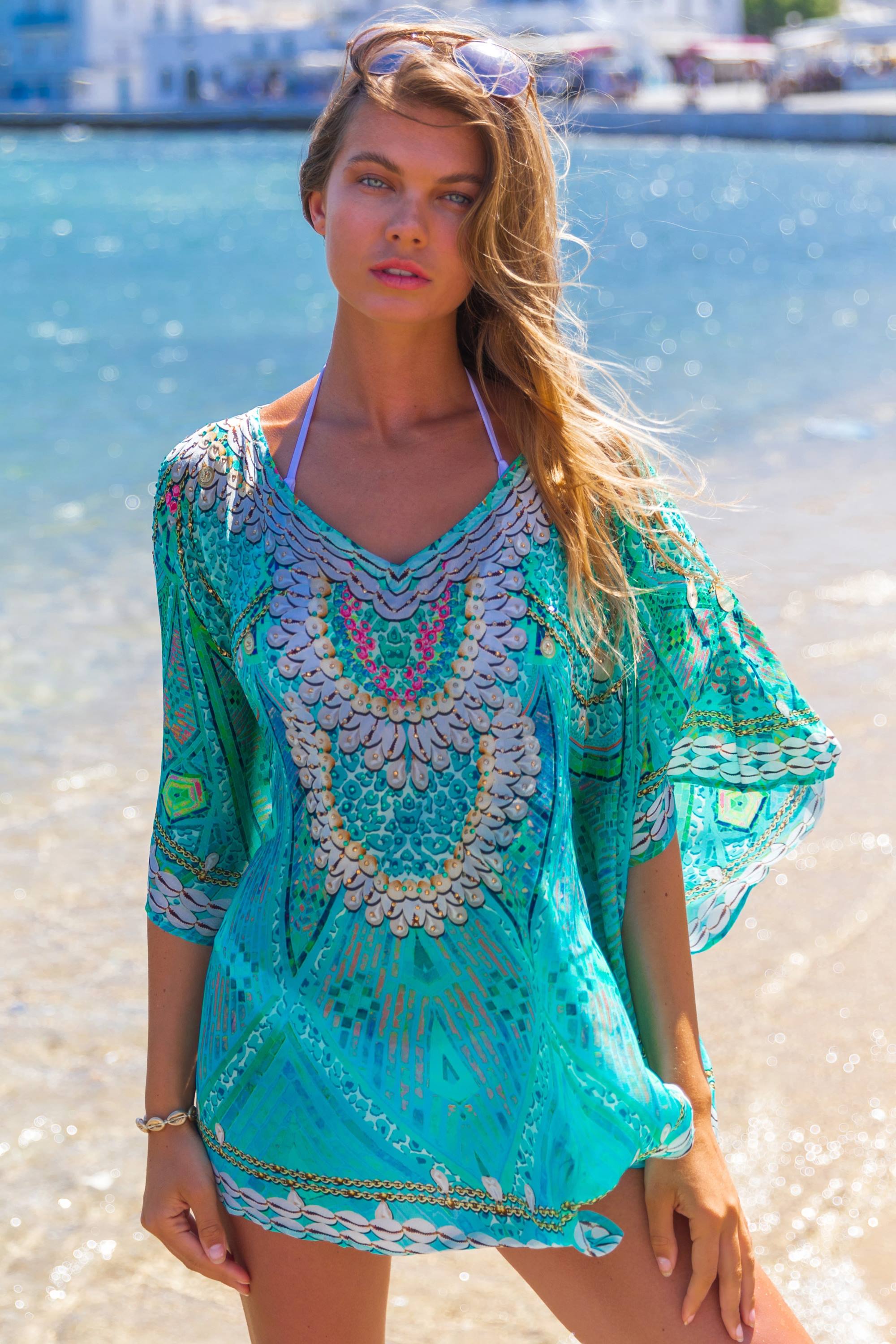 Aqua petite silk designer beach cover up is a fabulous short floaty coverup by Lindsey Brown