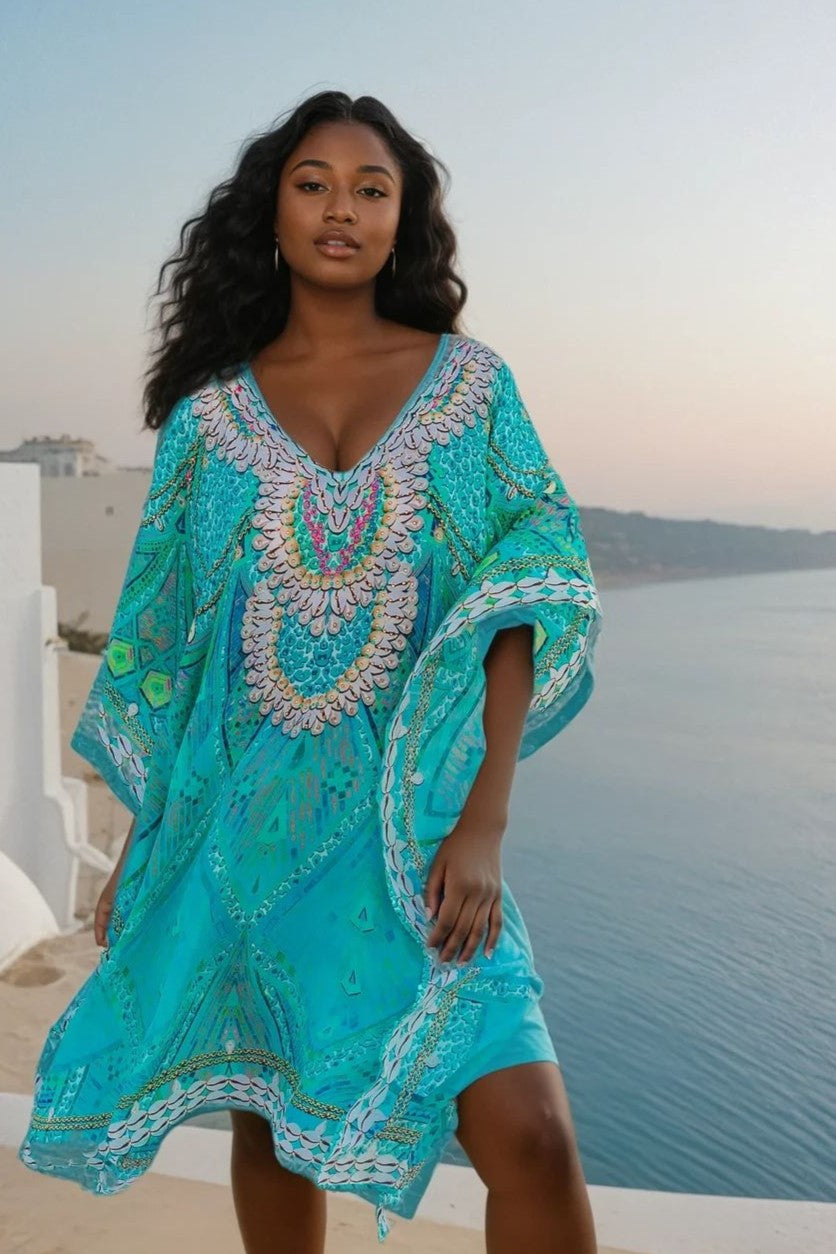 aqua silk designer beach cover ups for plus sizes to wear over swimwear by Lindsey Brown resort wear