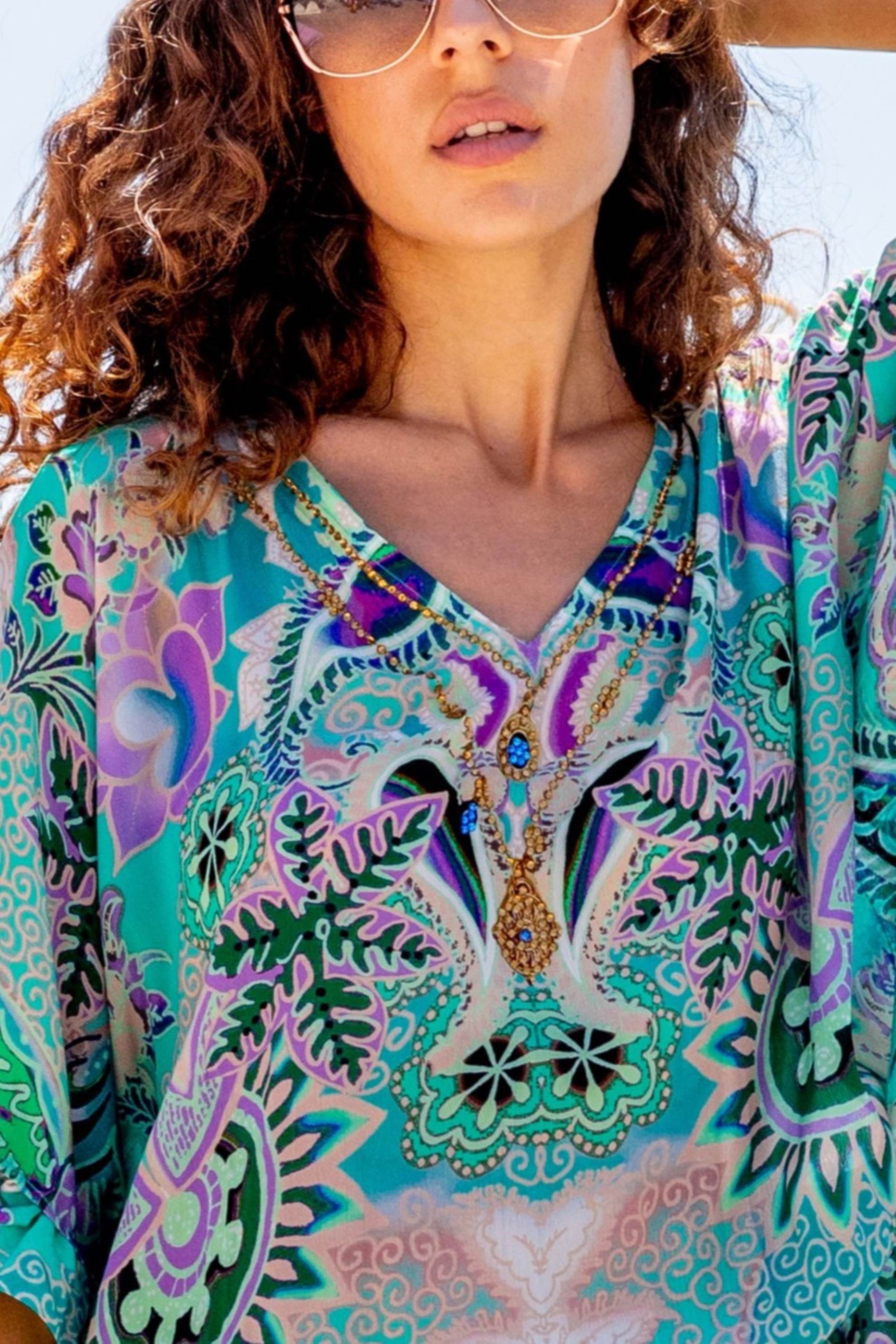 Aqua silk drop waistted beach cover up by lindsey brown resort wear 