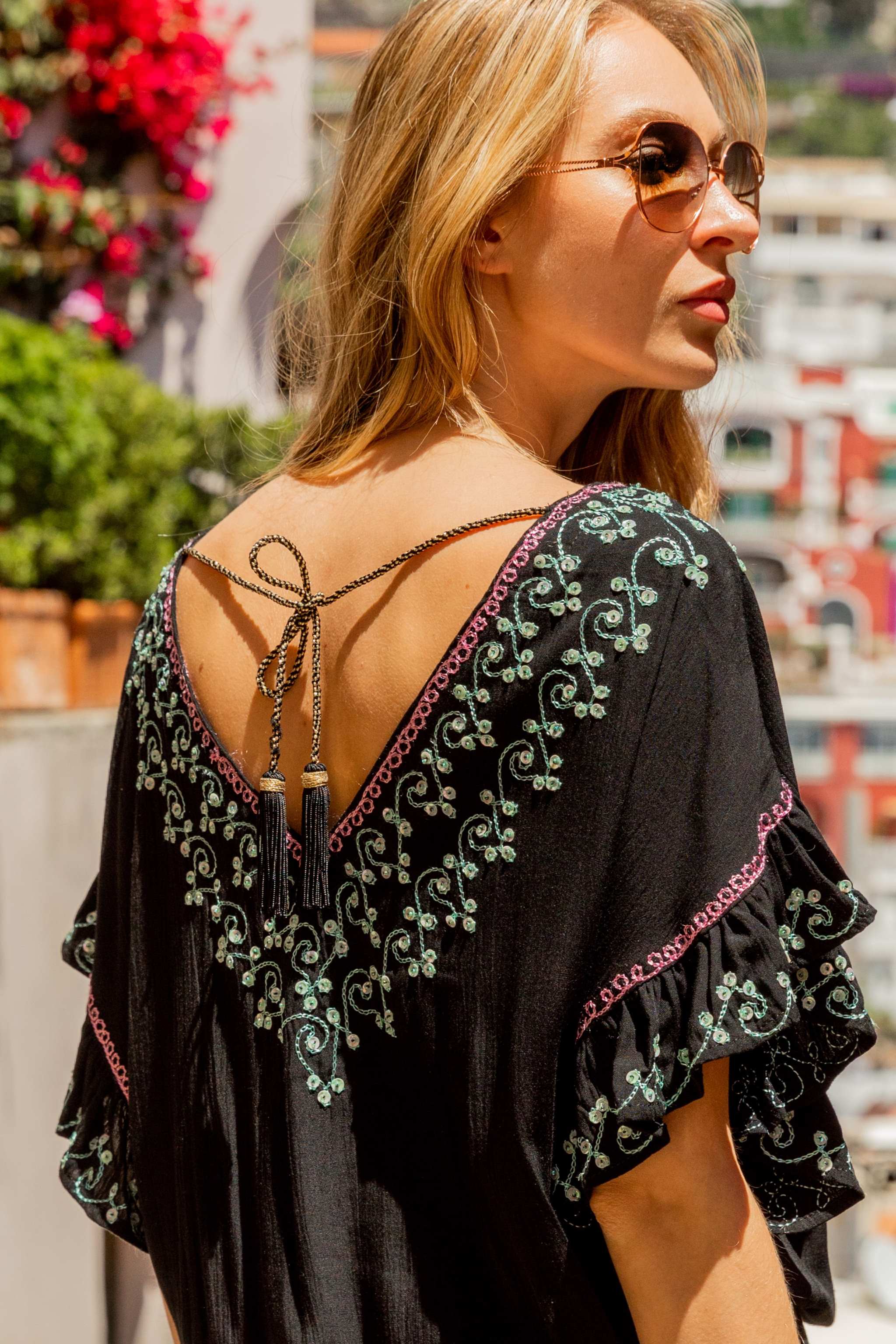 Black cotton drop waisted blouson black beach dress by Lindsey Brown resort wear