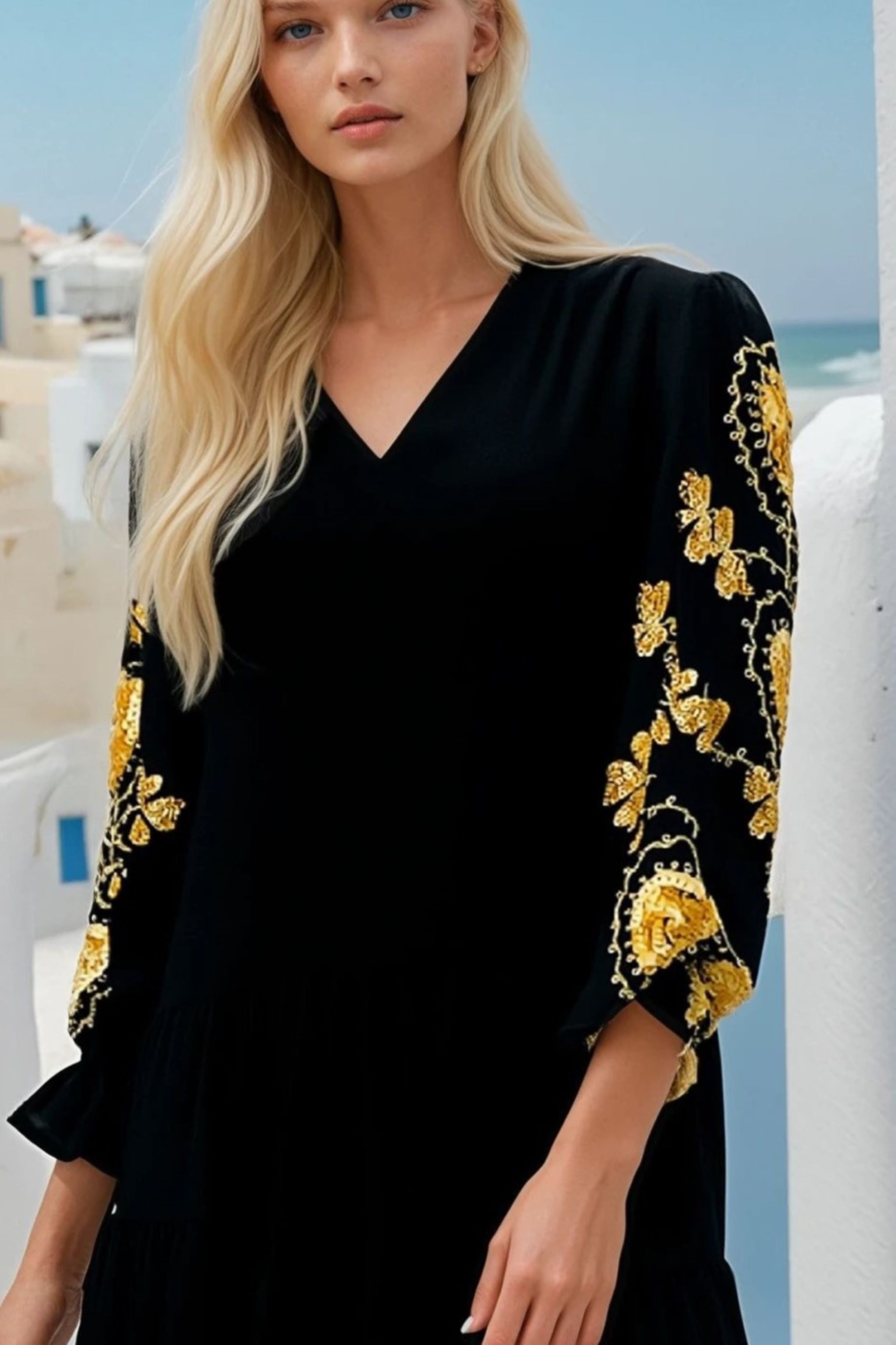 Black gold cotton beach dress to wear in summer by Lindsey Brown resort wear