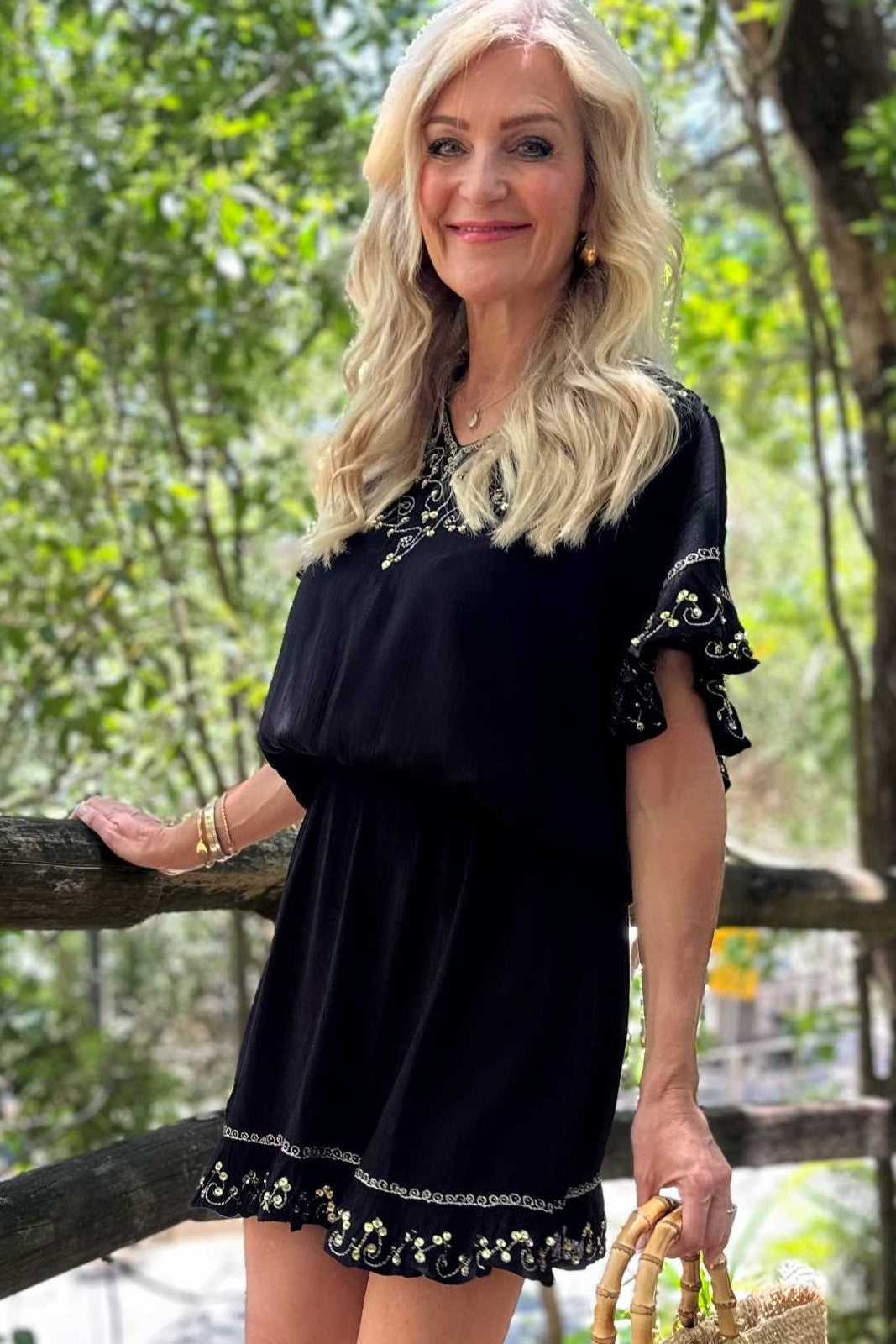 Black gold cotton blouson beach dress to wear on holiday by Lindsey Brown resort wear