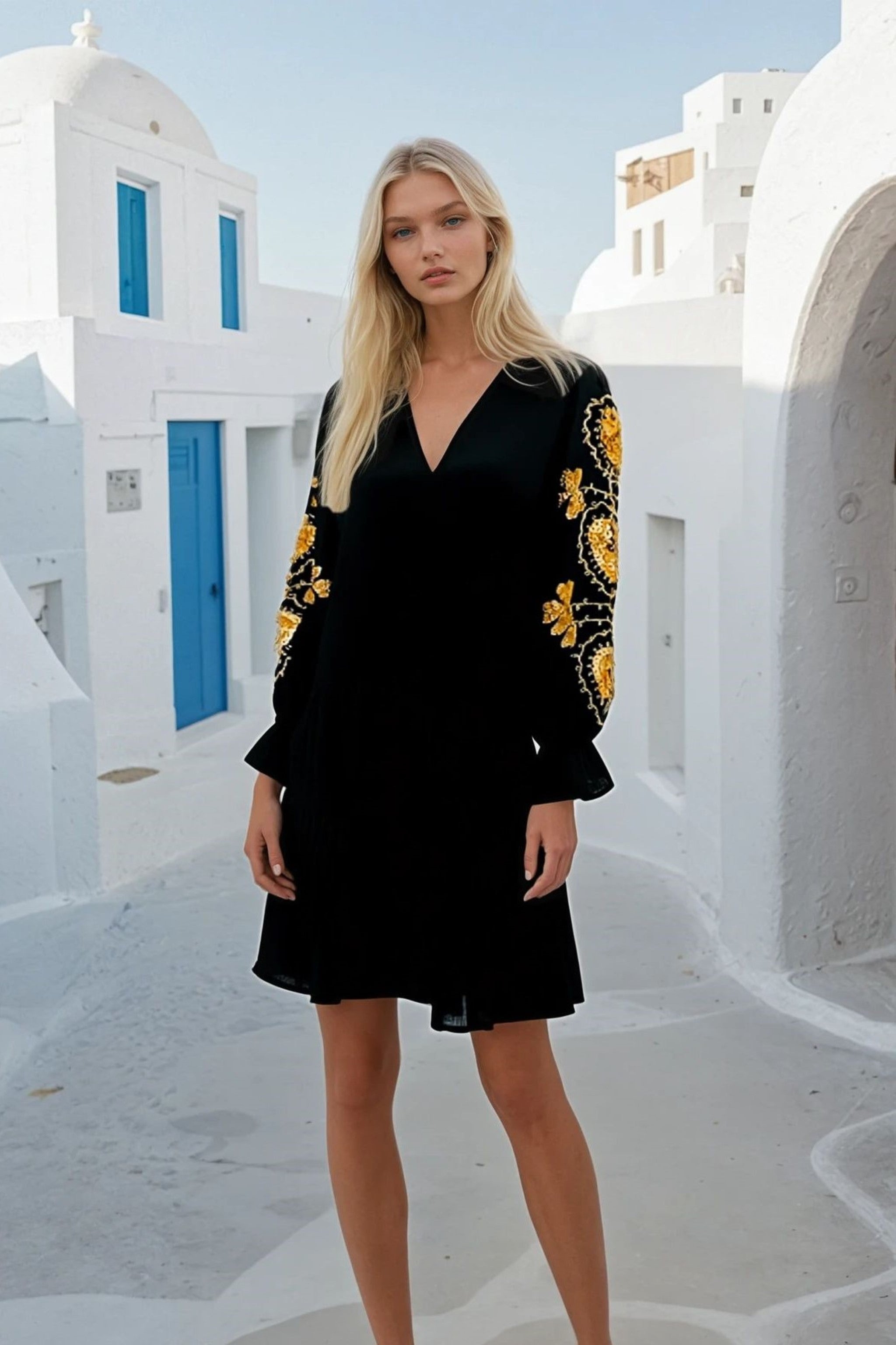 Black gold cotton knee length beach dress by lindsey brown resort wear 