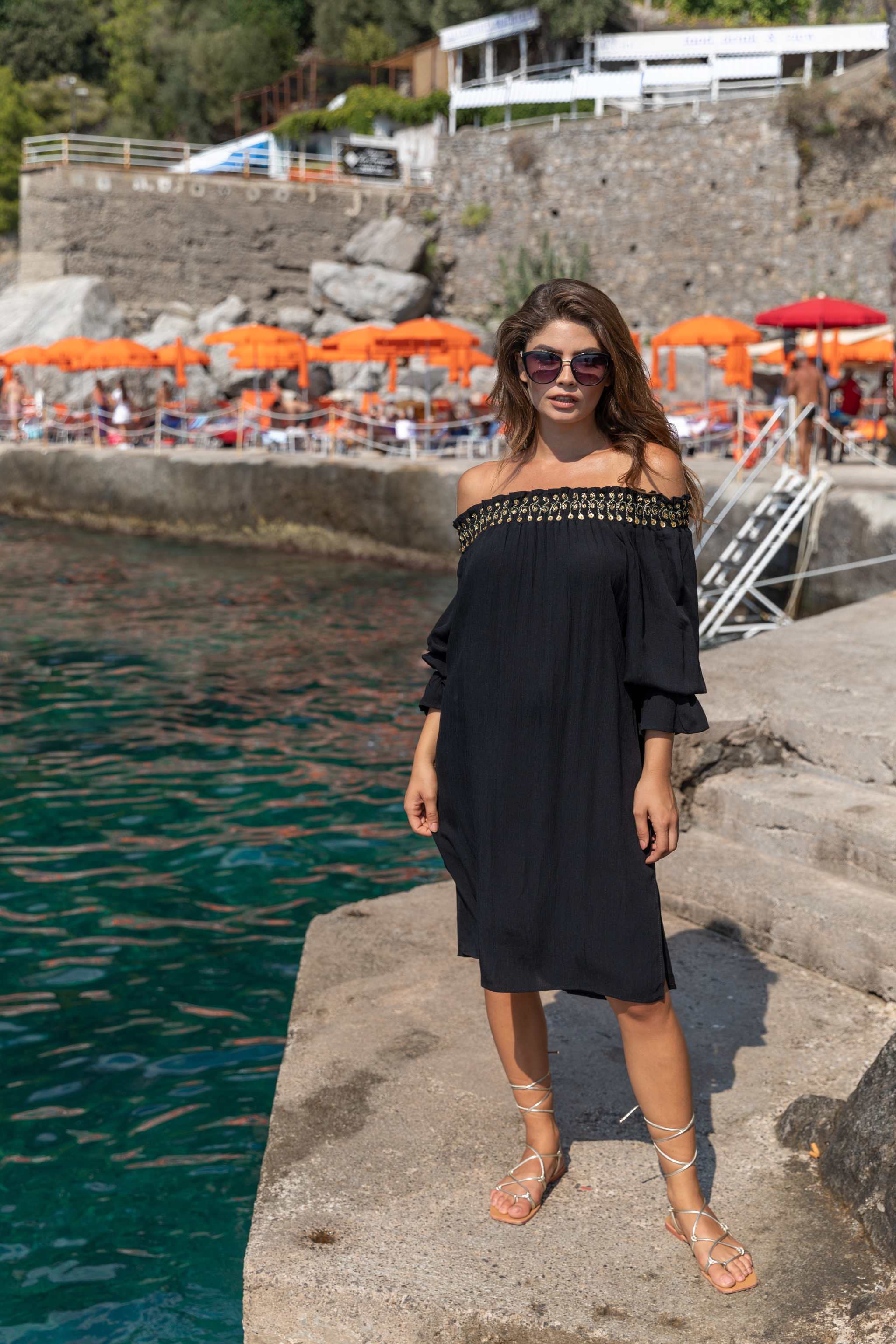 Black cotton off the shoulder dresses by Lindsey Brown resort wear 