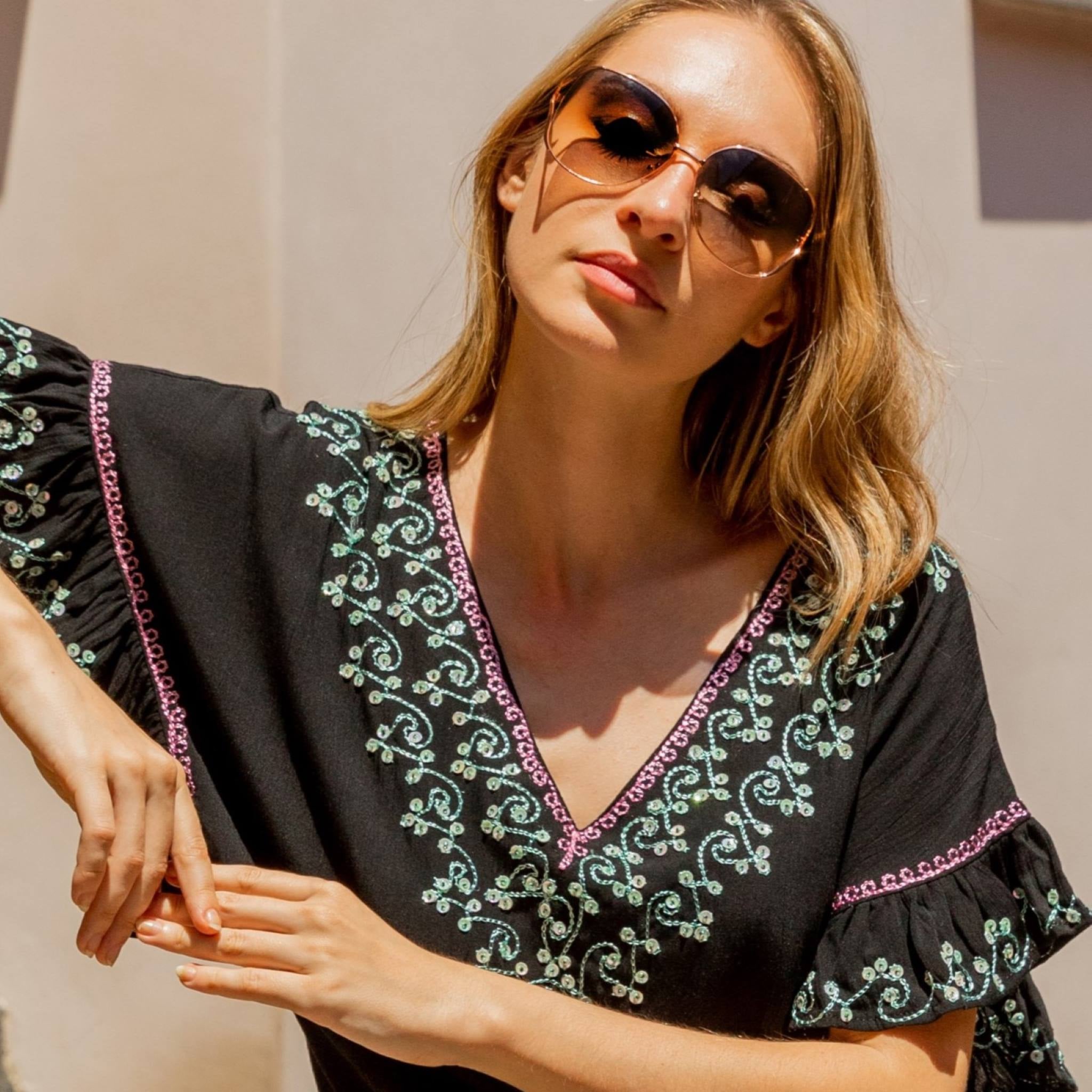 Black Aqua cotton drop waisted blouson black beach dress by Lindsey Brown luxury cotton resort wear 