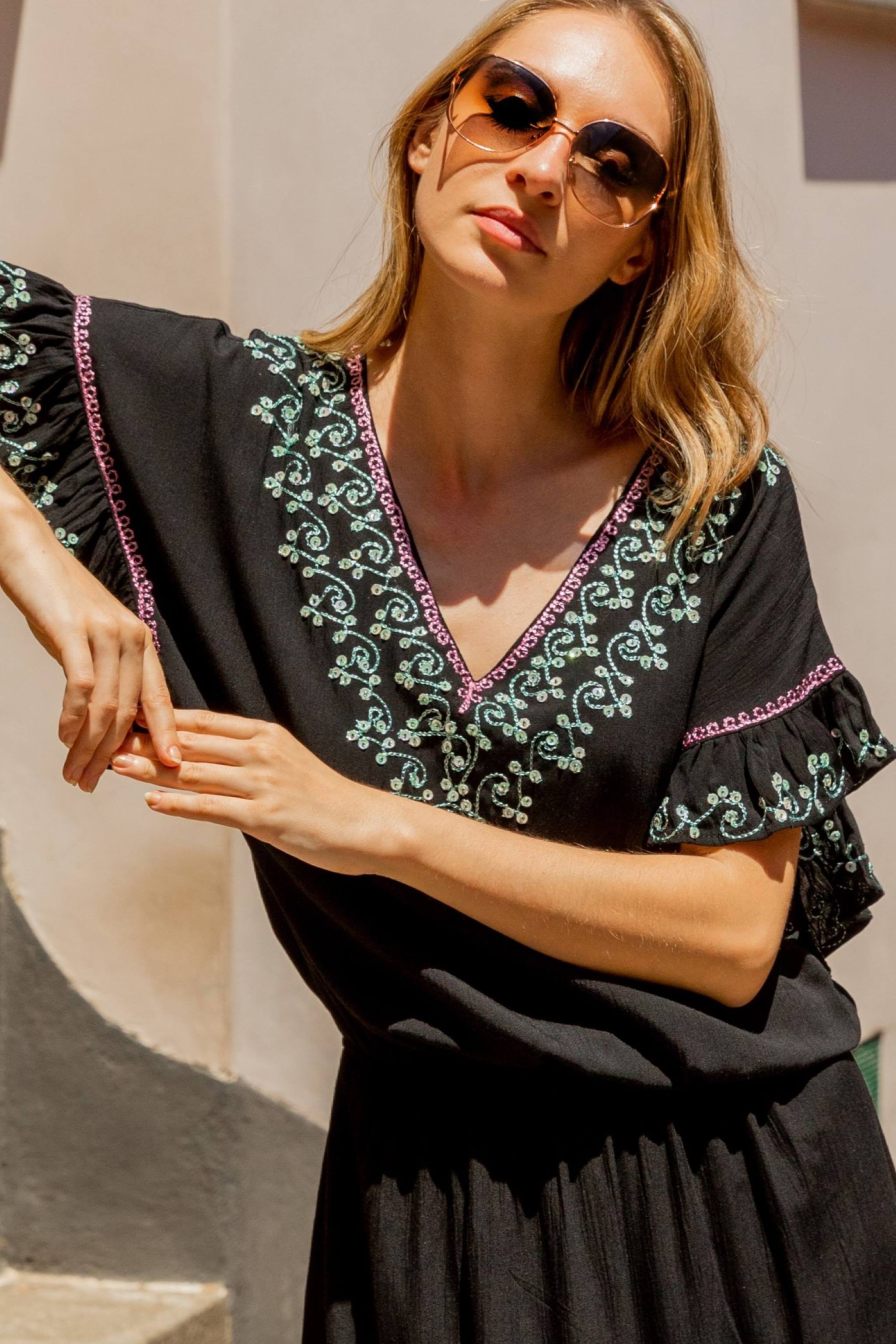 Black Aqua cotton drop waisted blouson black beach dress by Lindsey Brown luxury cotton resort wear