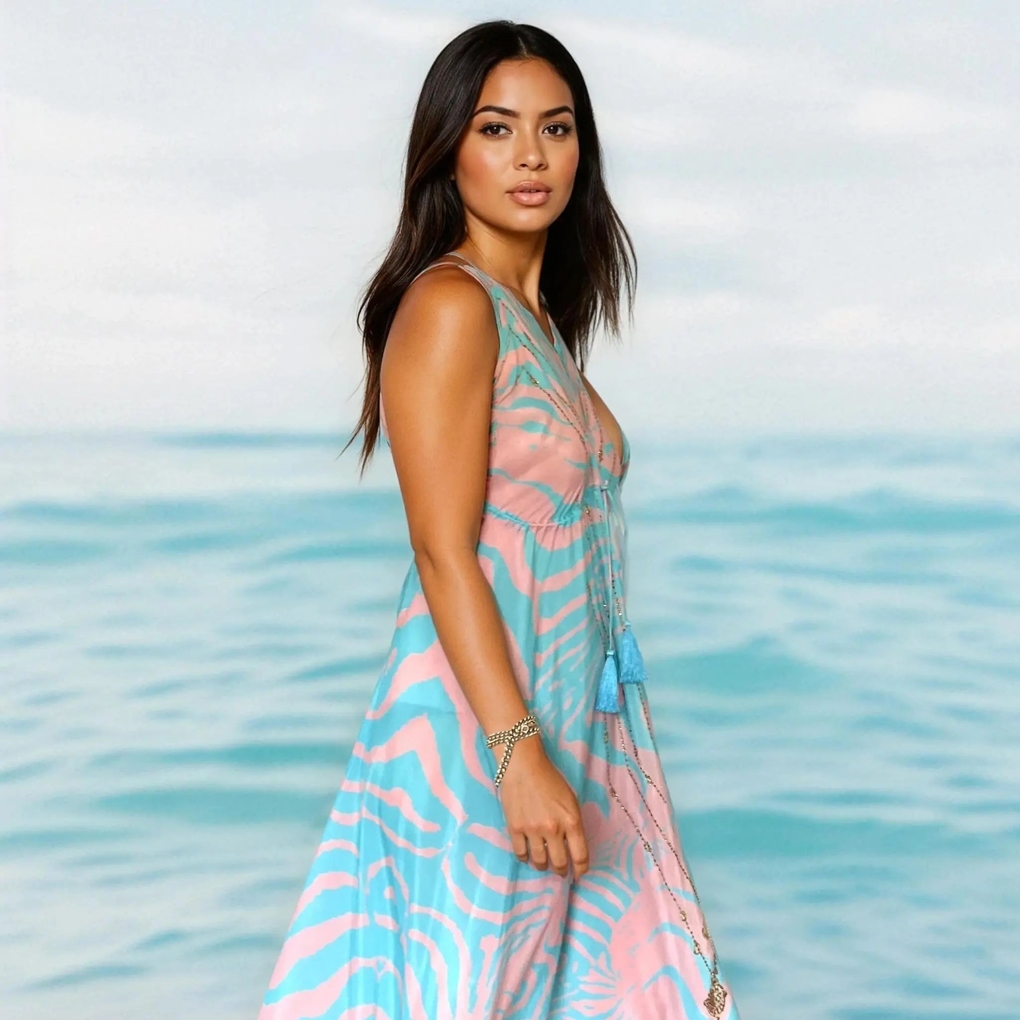 blue and pink halterneck resort wear dresses by lindsey brown