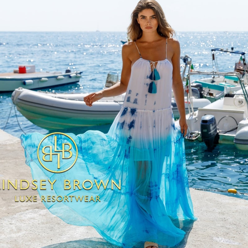 Blue silk Santorini tie dye floaty maxi dress to wear on Winter Sun vacations by Lindsey Brown luxury resort wear