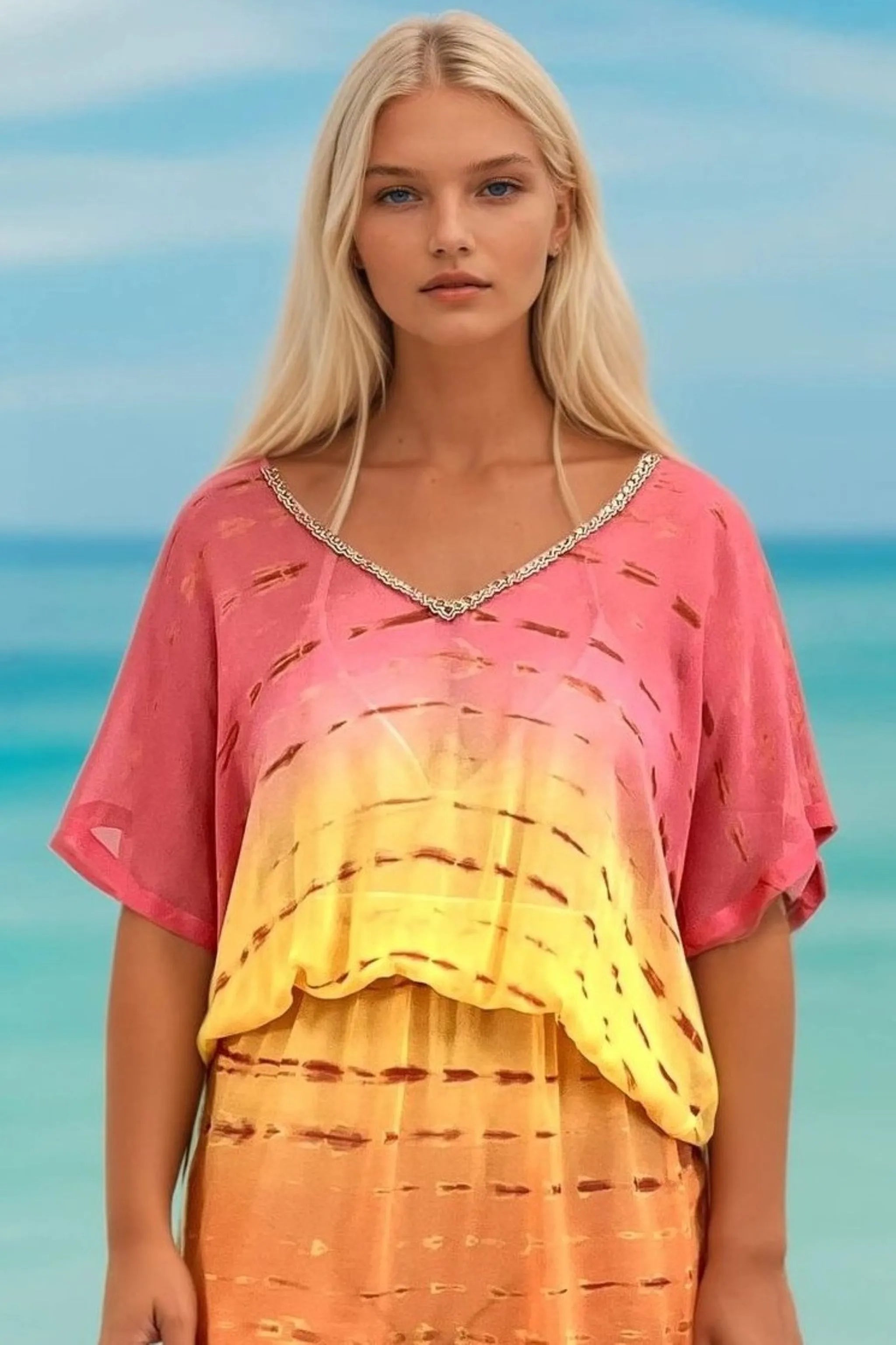 coral orange and yellow bloused silk kaftan dress by Lindsey Brown resort wear 