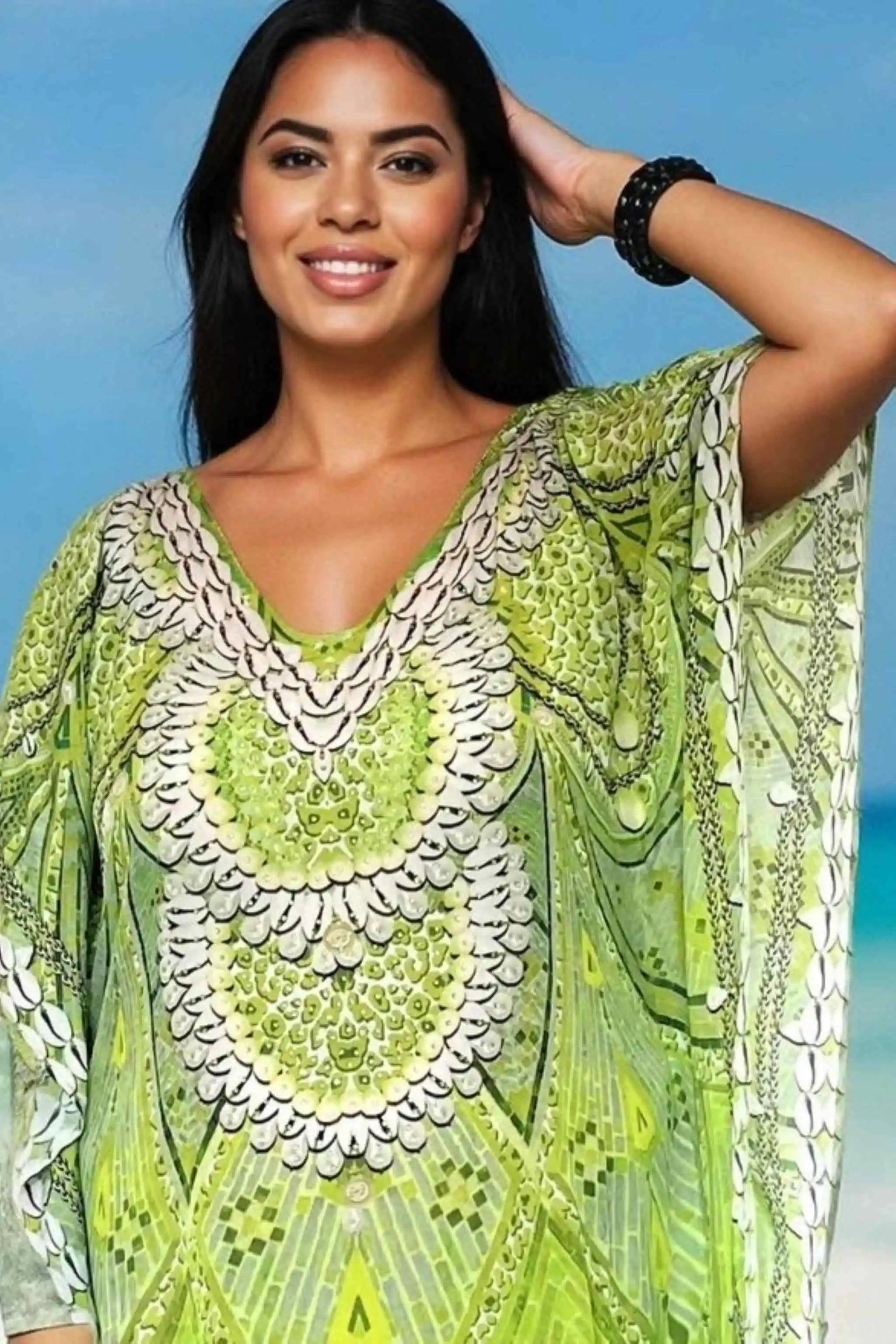 lime green floaty knee length beach cover up by Lindsey Brown resort wear 