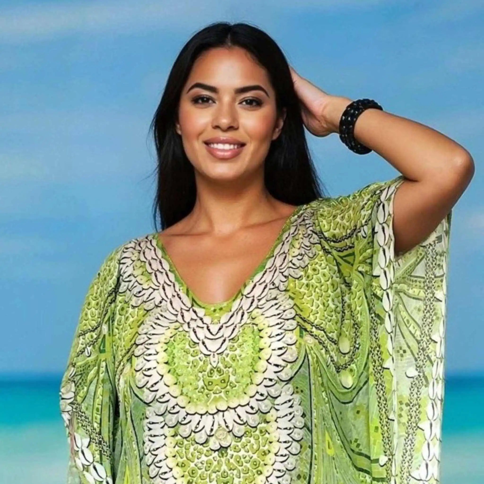 lime green printed beach cover up by Lindsey Brown resort wear