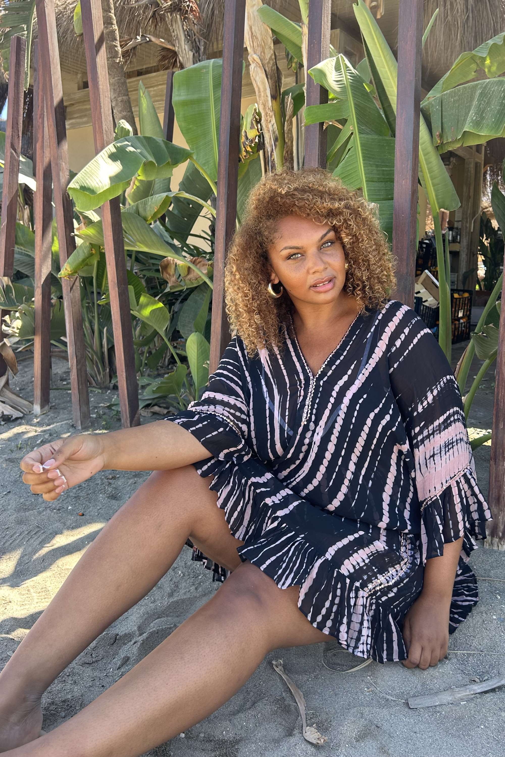 Plus size black pink silk kaftan dress by Lindsey Brown luxury resort wear 