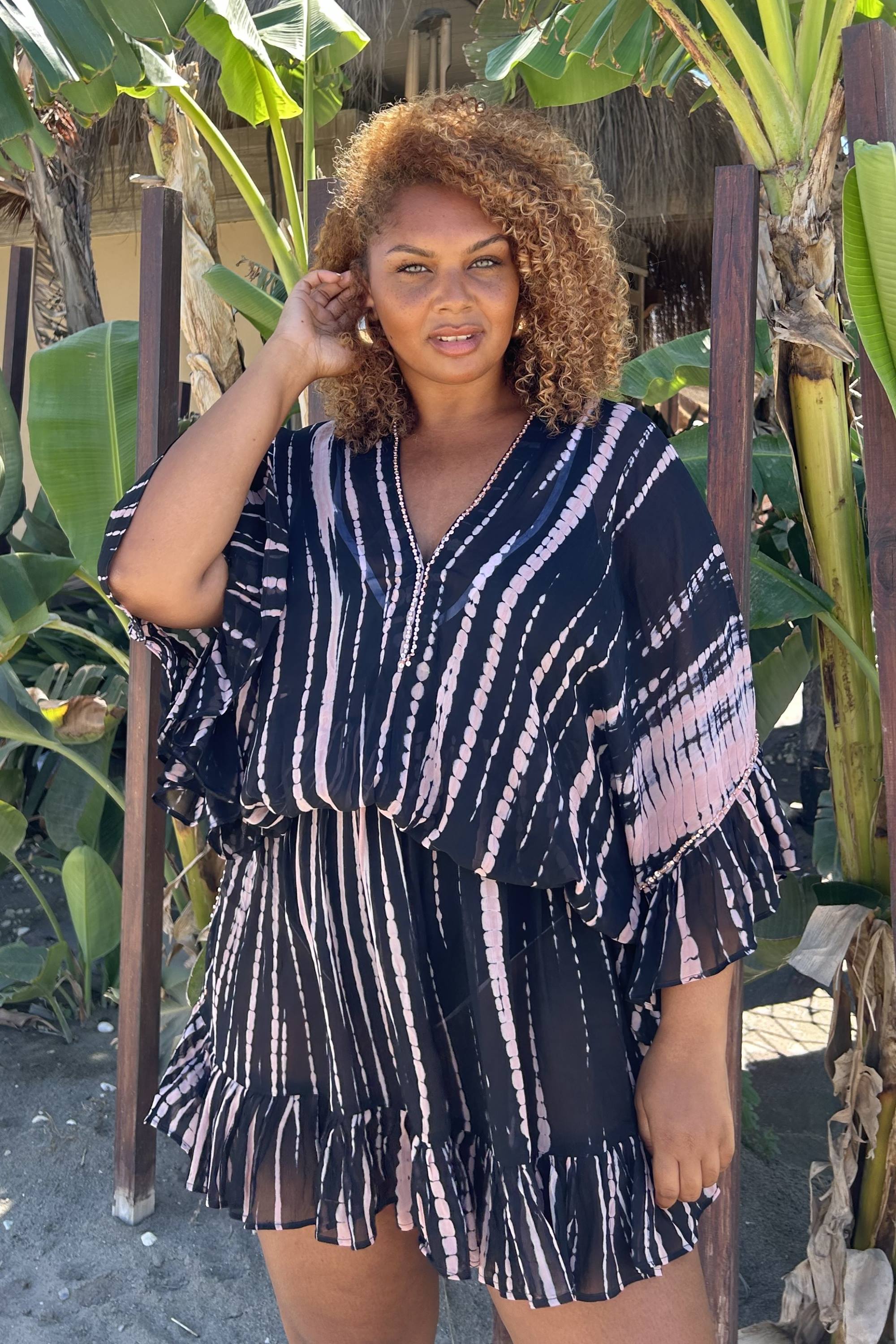Plus Size black drop waisted silk kaftan dress called Monterey by Lindsey Brown luxury resort wear