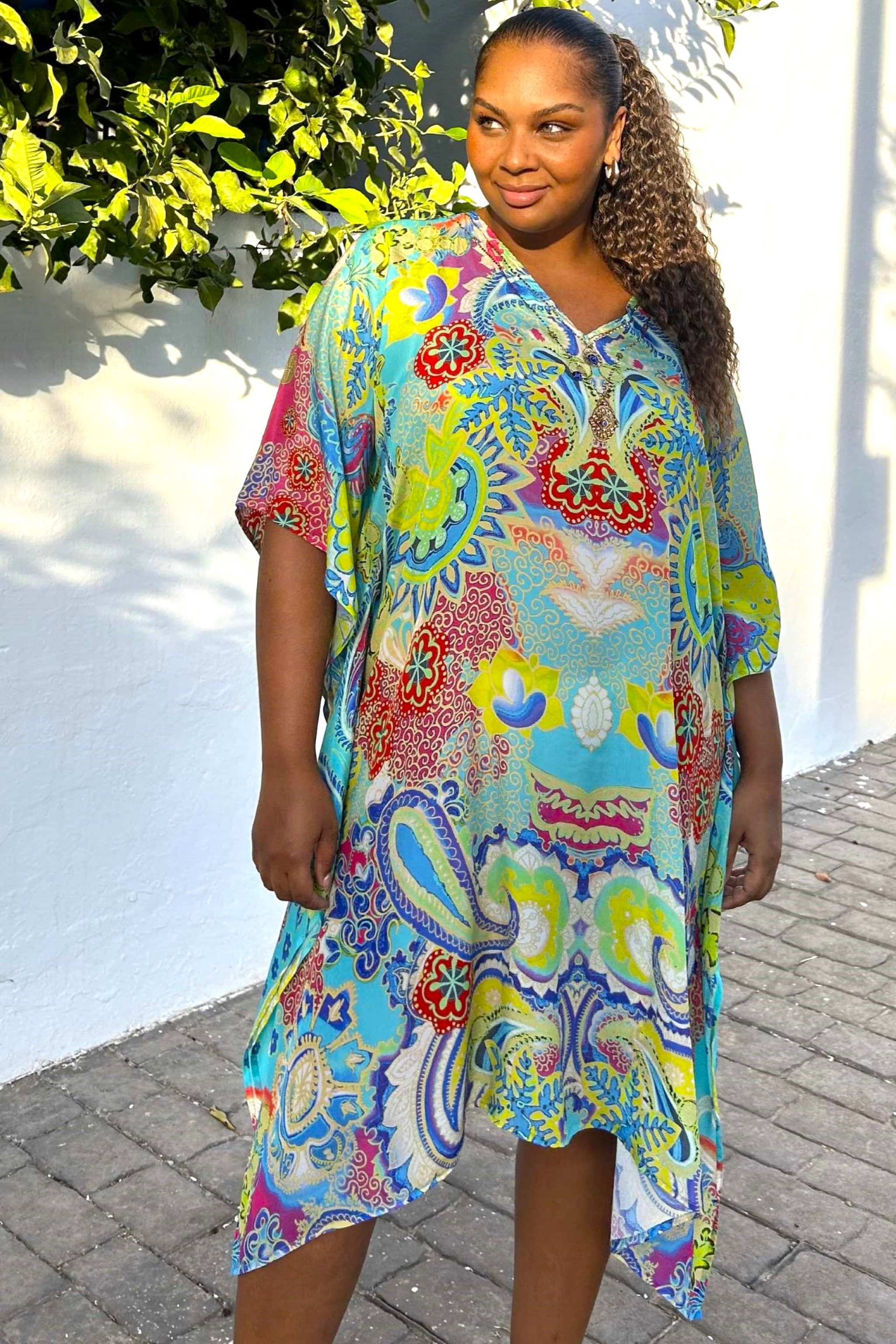 Turquoise print plus size beach cover ups by Lindsey Brown