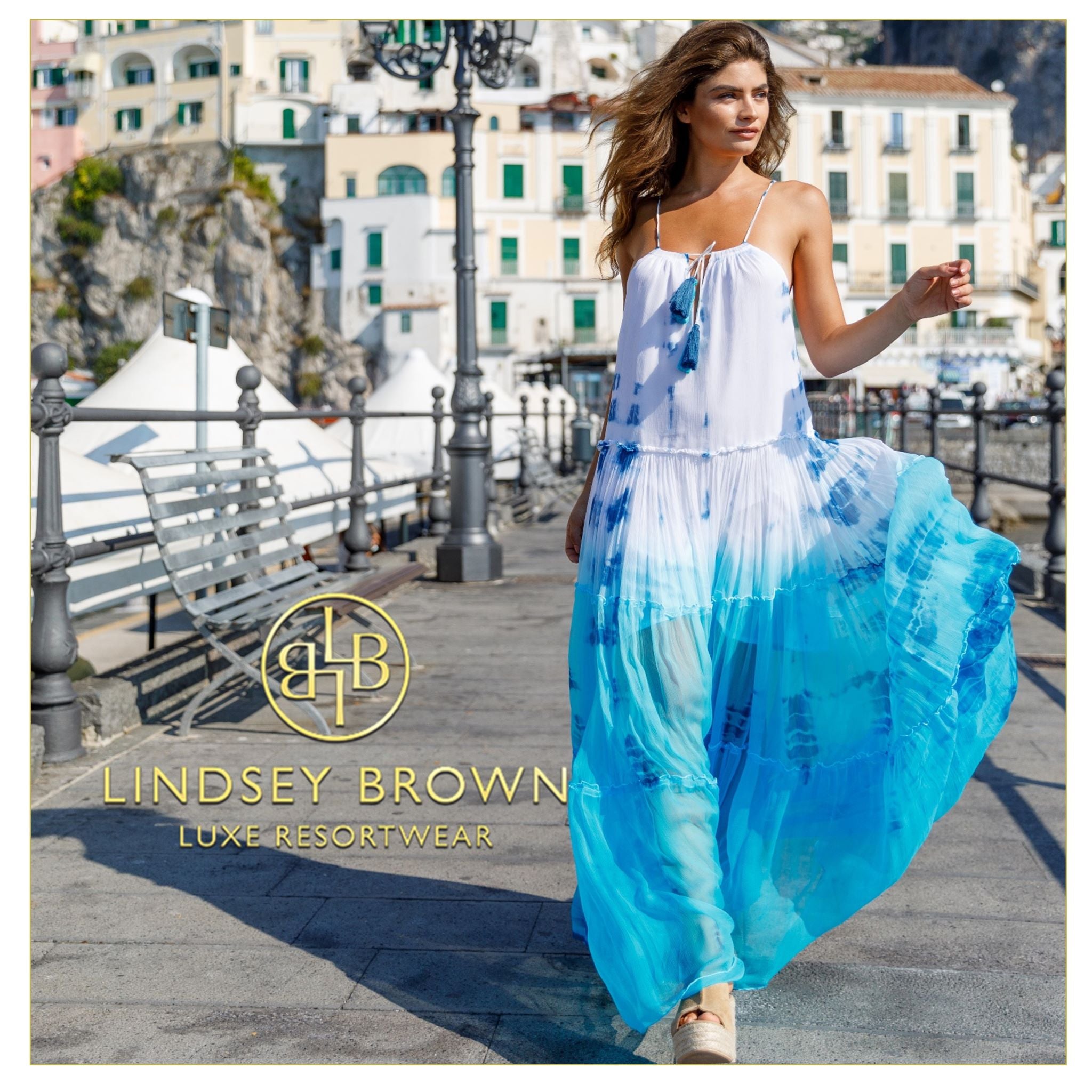 Turquoise white silk maxi dresses to wear in Santorini by Lindsey Brown resort wear