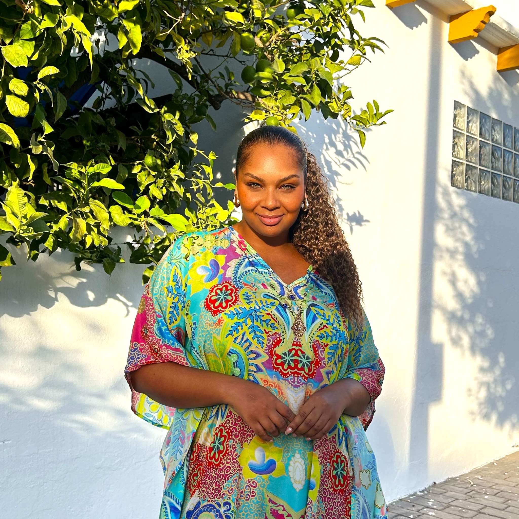 turquoise yellow silk  plus size designer beach cover-ups by Lindsey Brown