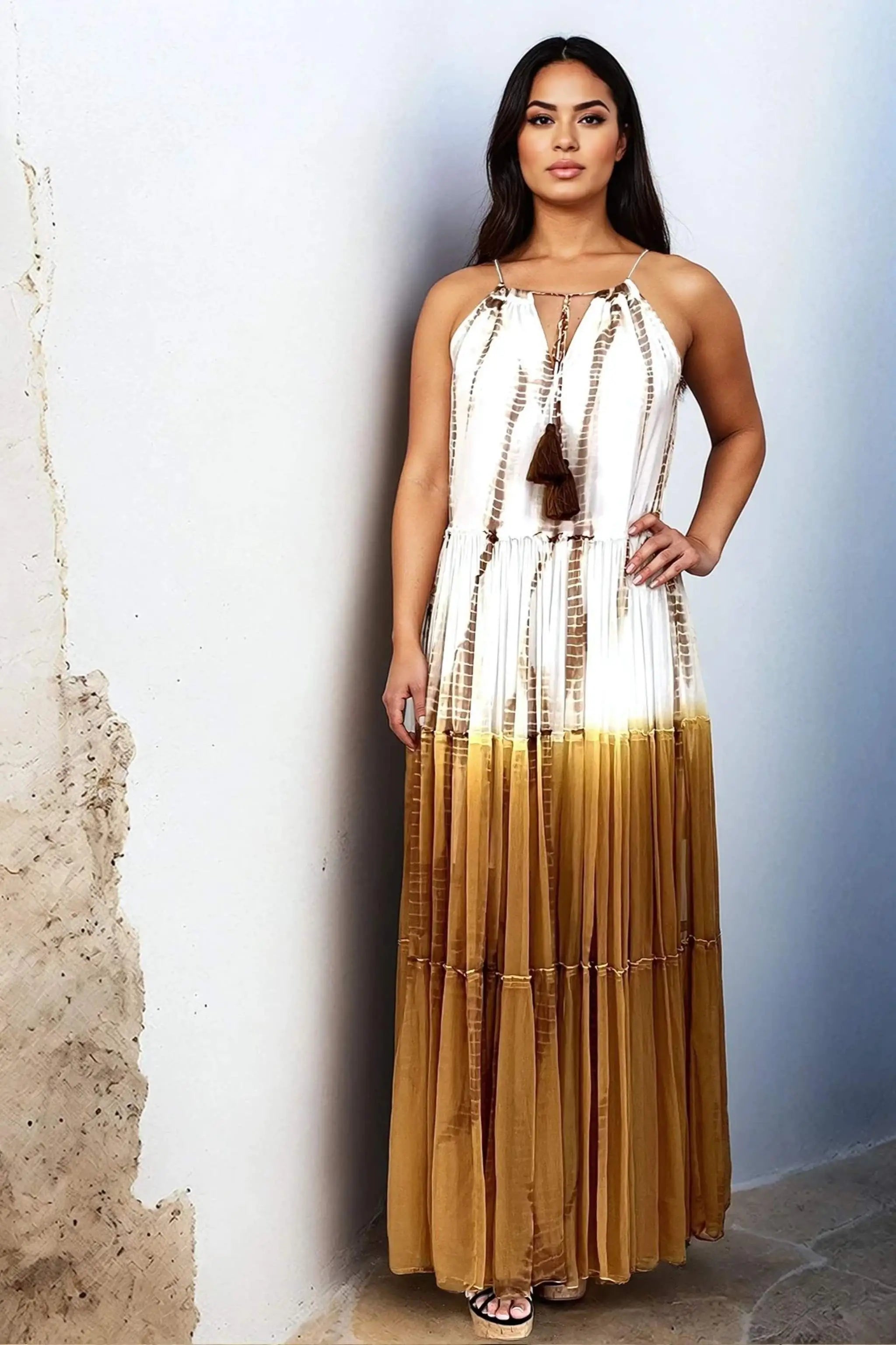 white brown tie dye silk luxury maxi dresses to wear on holiday by Lindsey Brown resort wear