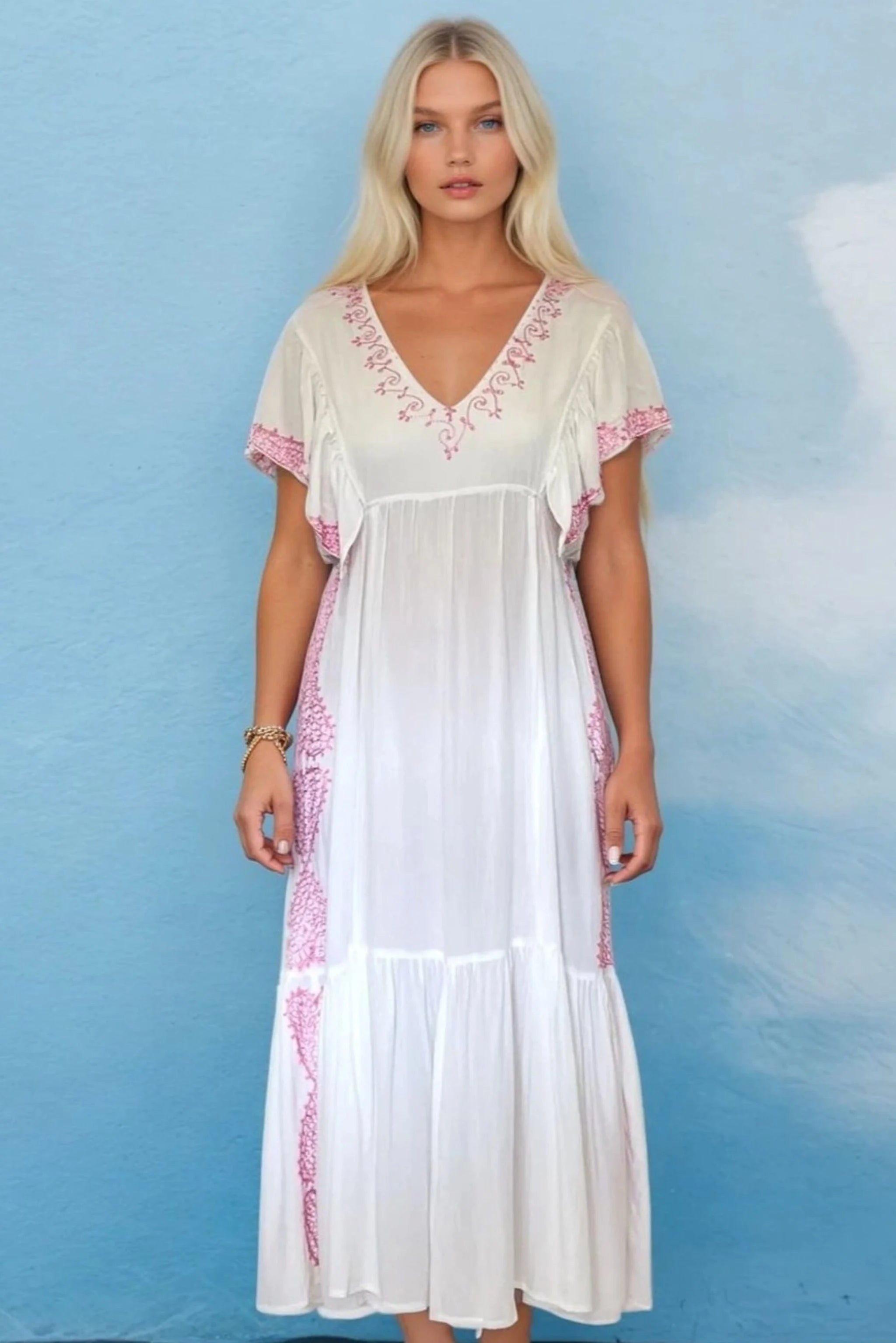 white pink cotton midi dress to wear on holiday by Lindsey Brown resort wear