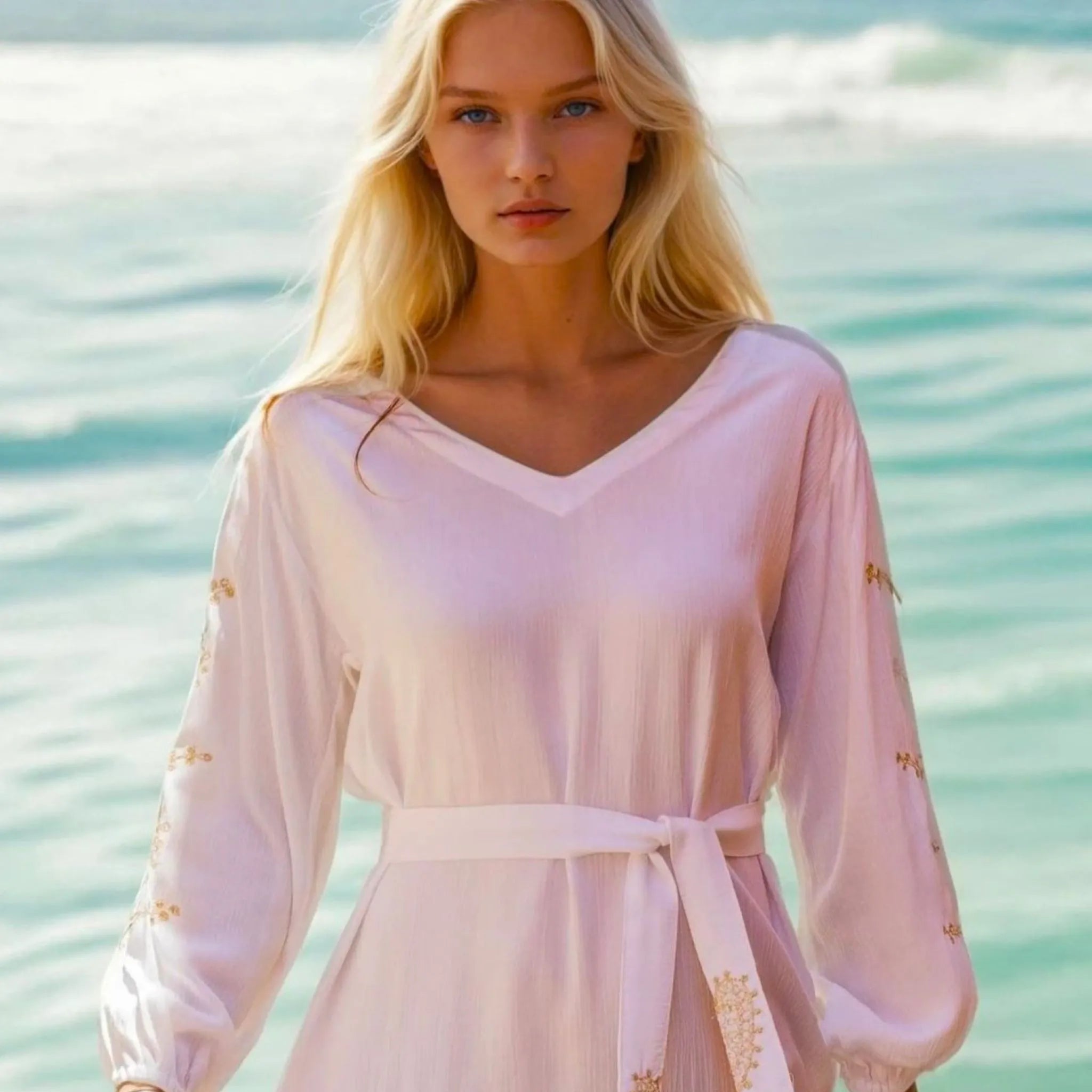 white v neck long sleeves cotton beach dresses by Lindsey Brown resort wear