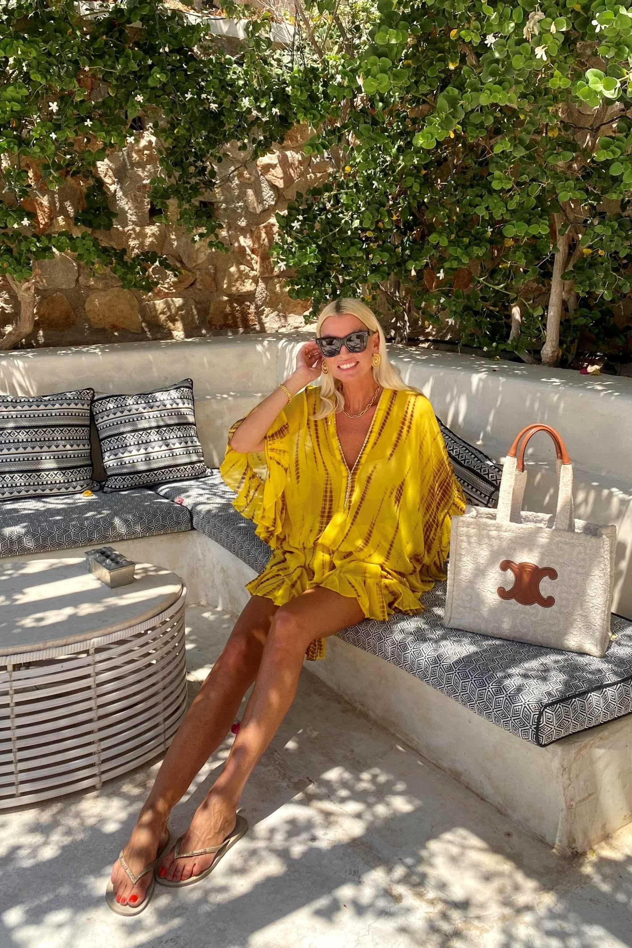 Yellow silk kaftan dress Anna Mavridis wears Lindsey Brown yellow silk resort wear kaftan dress